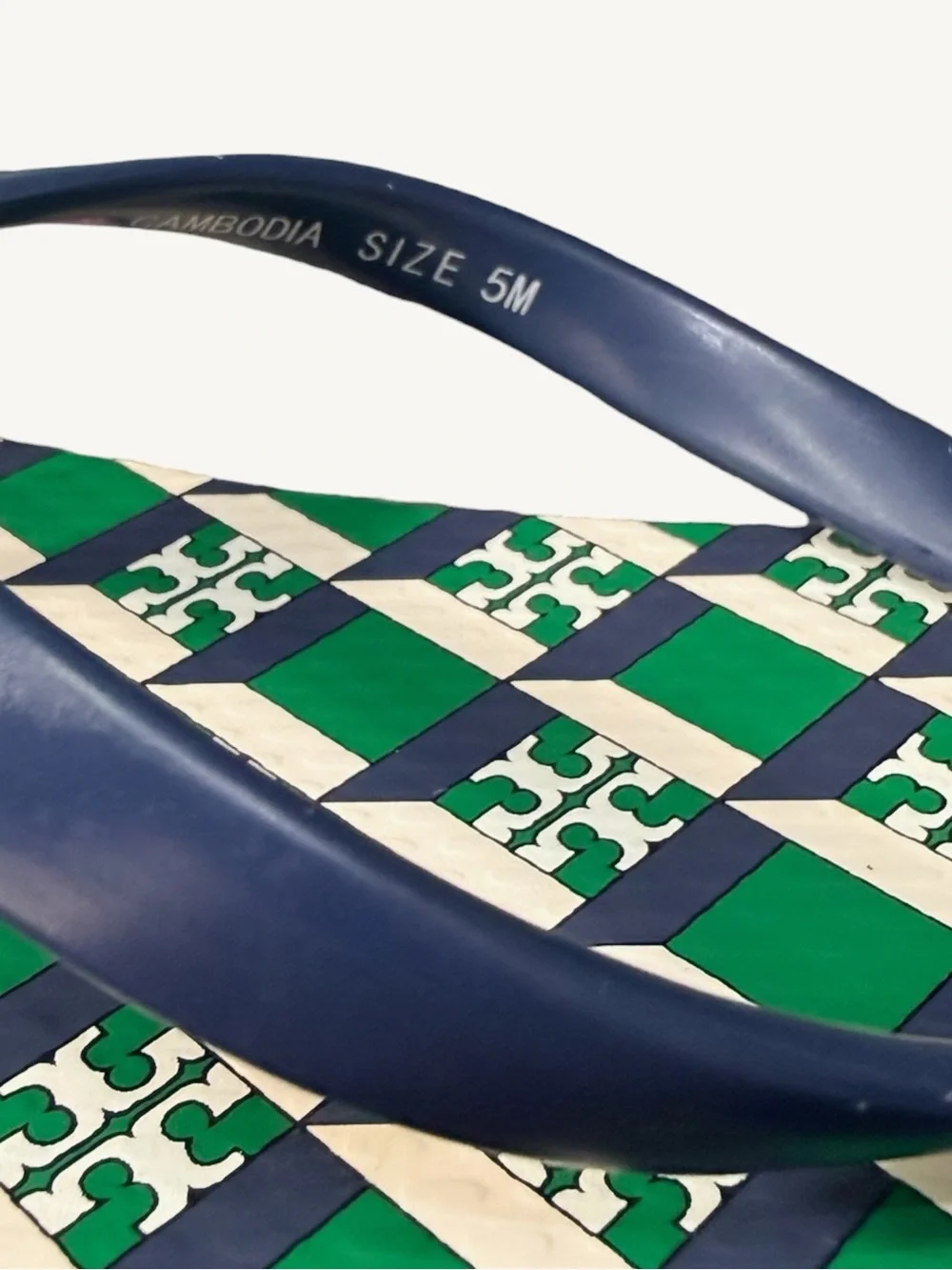 Tory Burch Green, Navy & White Check Logo Flip Flops Size 5 NWOT